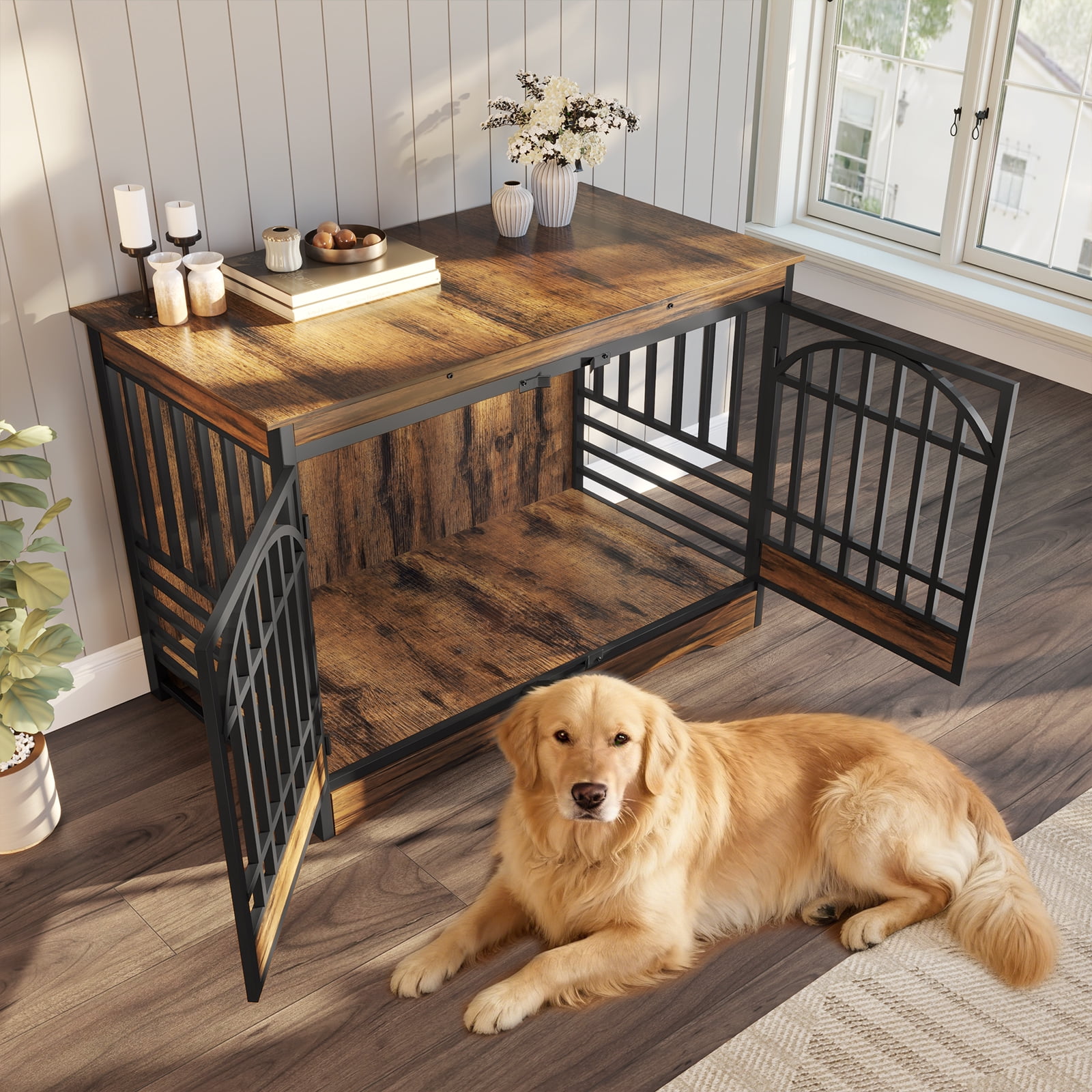 Bel Ark 52 inch Dog Crate Furniture Wooden Indoor Dog Cage XL Indoor Dog Kennel for Extra Large Dog with Double Arched Doors