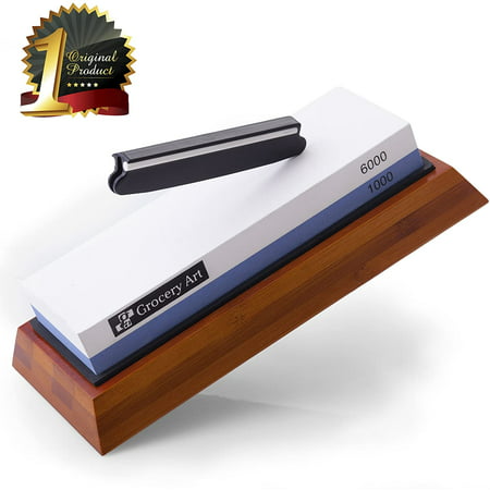Whetstone Knife Sharpener - Knife Sharpening Stone - Waterstone 1000-6000 Grit with Non-Slip Bamboo Base and Angle Guide - Best Wet Stone Kitchen Knives Sharpening Kit