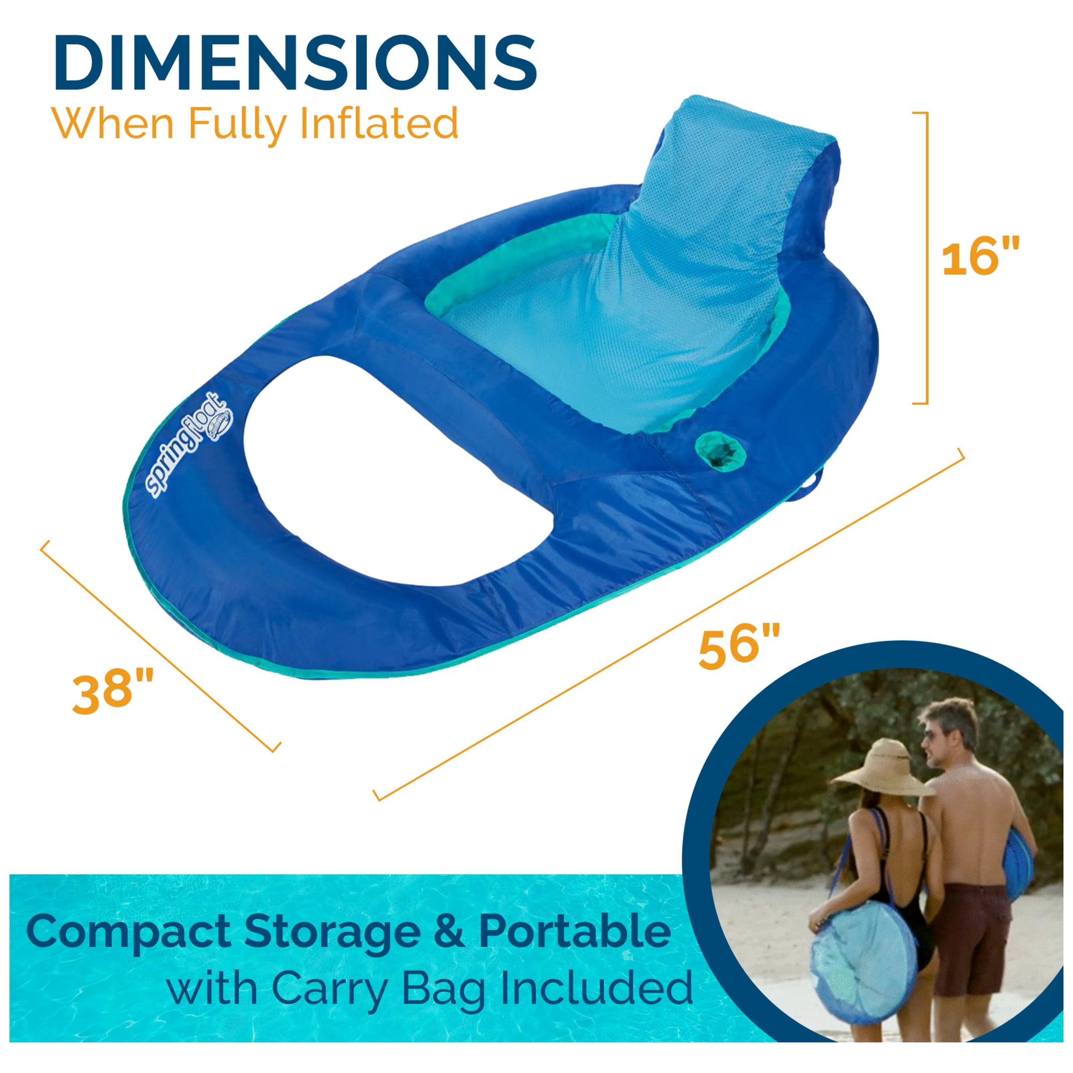 SwimWays Spring Float Recliner Chair for Swimming Pool, Inflatable Pool Floats Adult with Fast Inflation, Cup Holder & Foot Rest for Ages 15 & Up, Blue