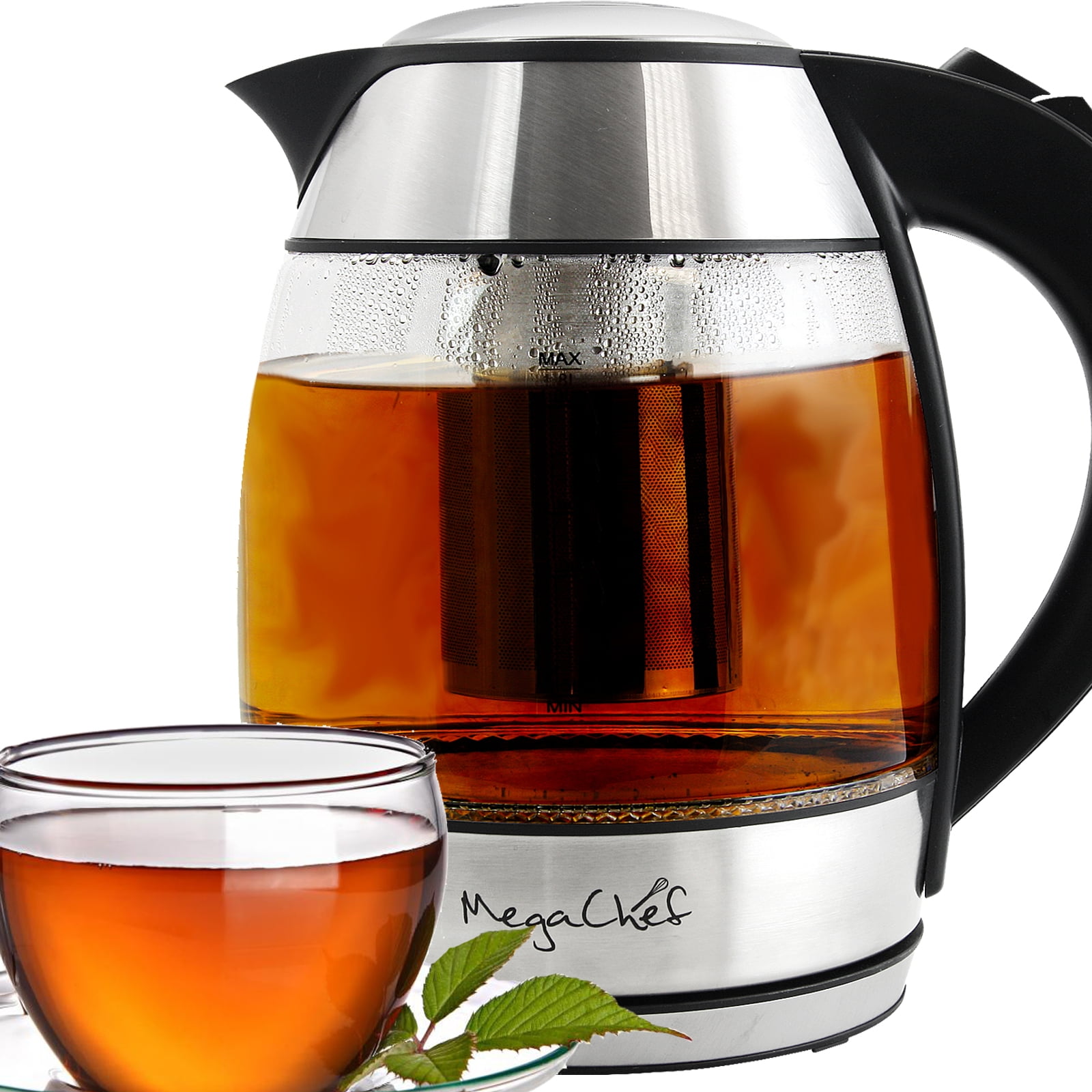 MegaChef 1.8Lt. Glass Body and Stainless Steel Electric Tea Kettle with Infuser