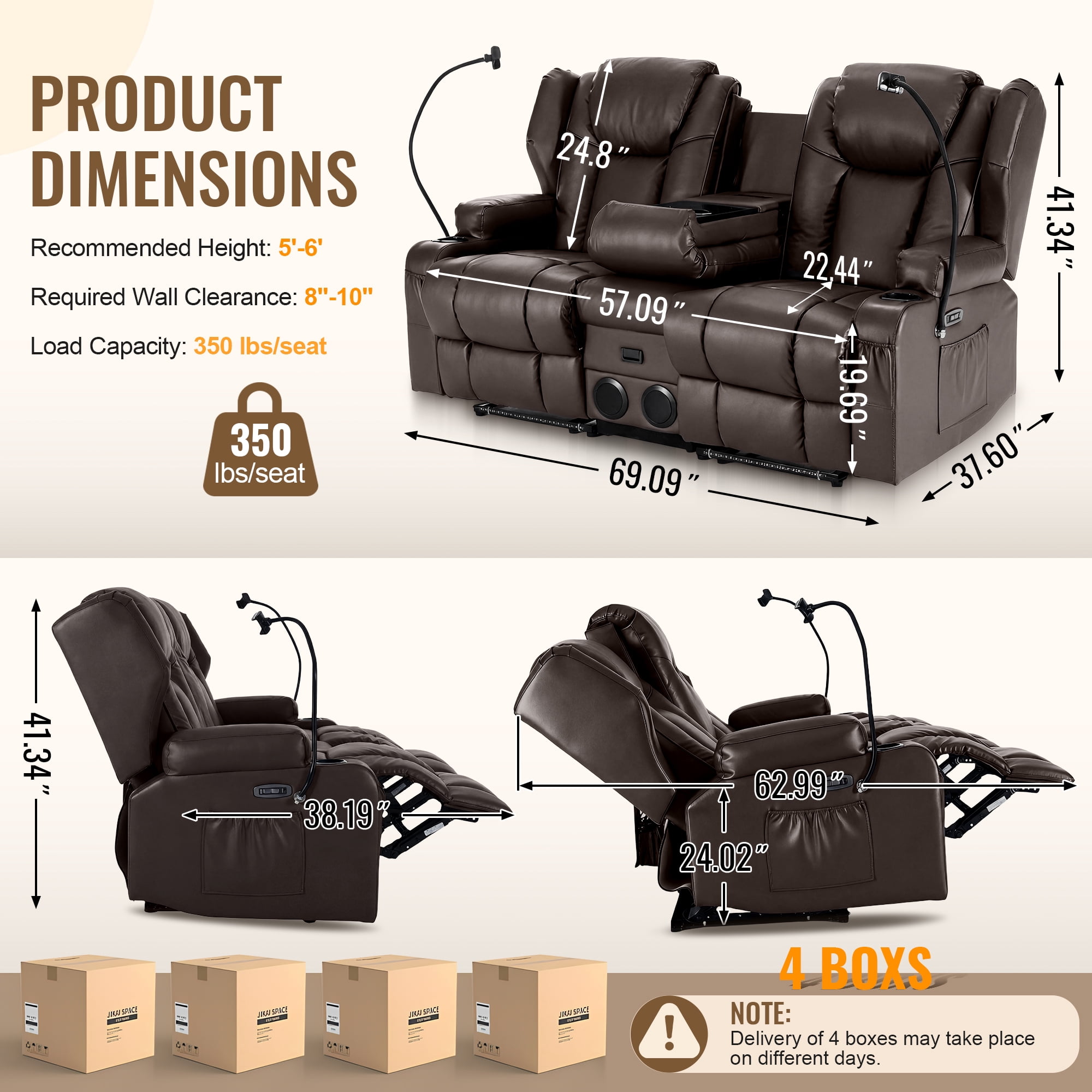 ROOMARK Loveseat Recliner Double Recliner RV Sofa & Console | Wall Hugger Loveseat Reclining RV | RV Theater Seats | RV Couch | RV Home Theater Seating Furniture