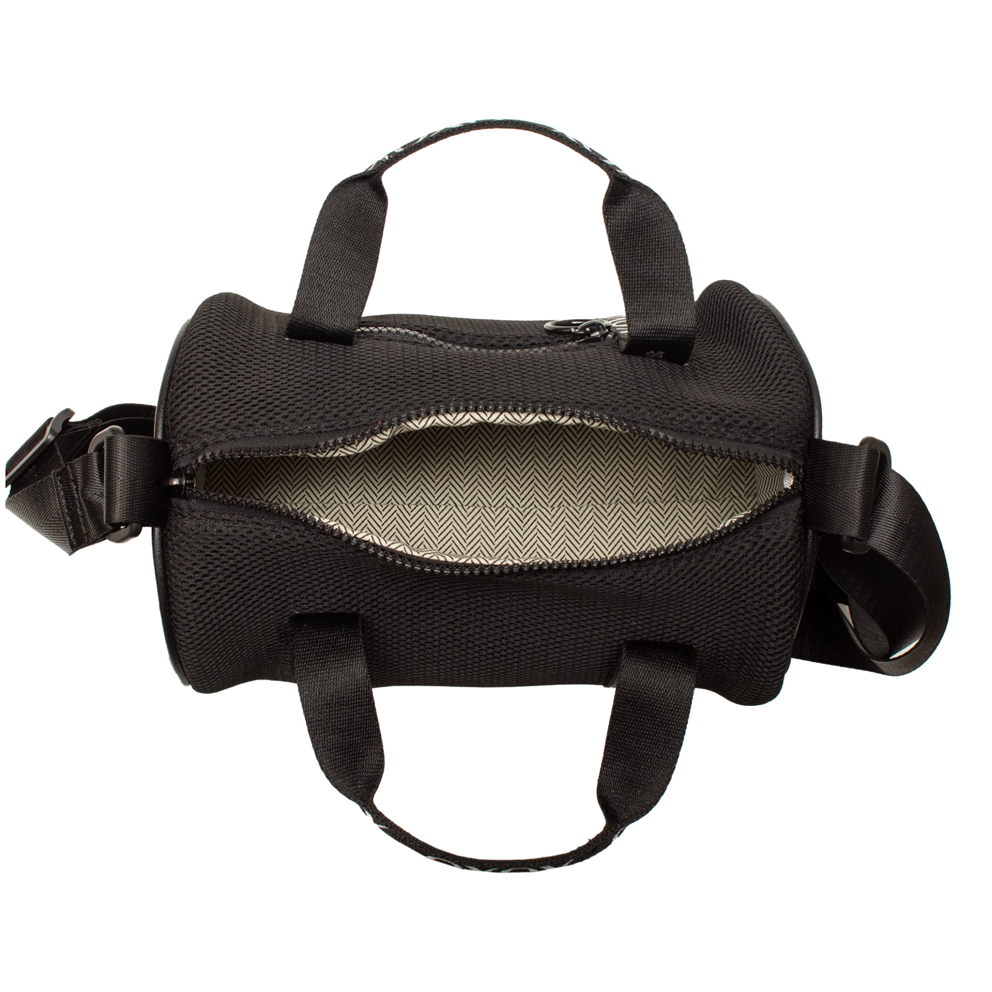 XOXO Women's Fabric Black Mesh Everyday Barrel Bag withTop Handles & Adjustable Strap
