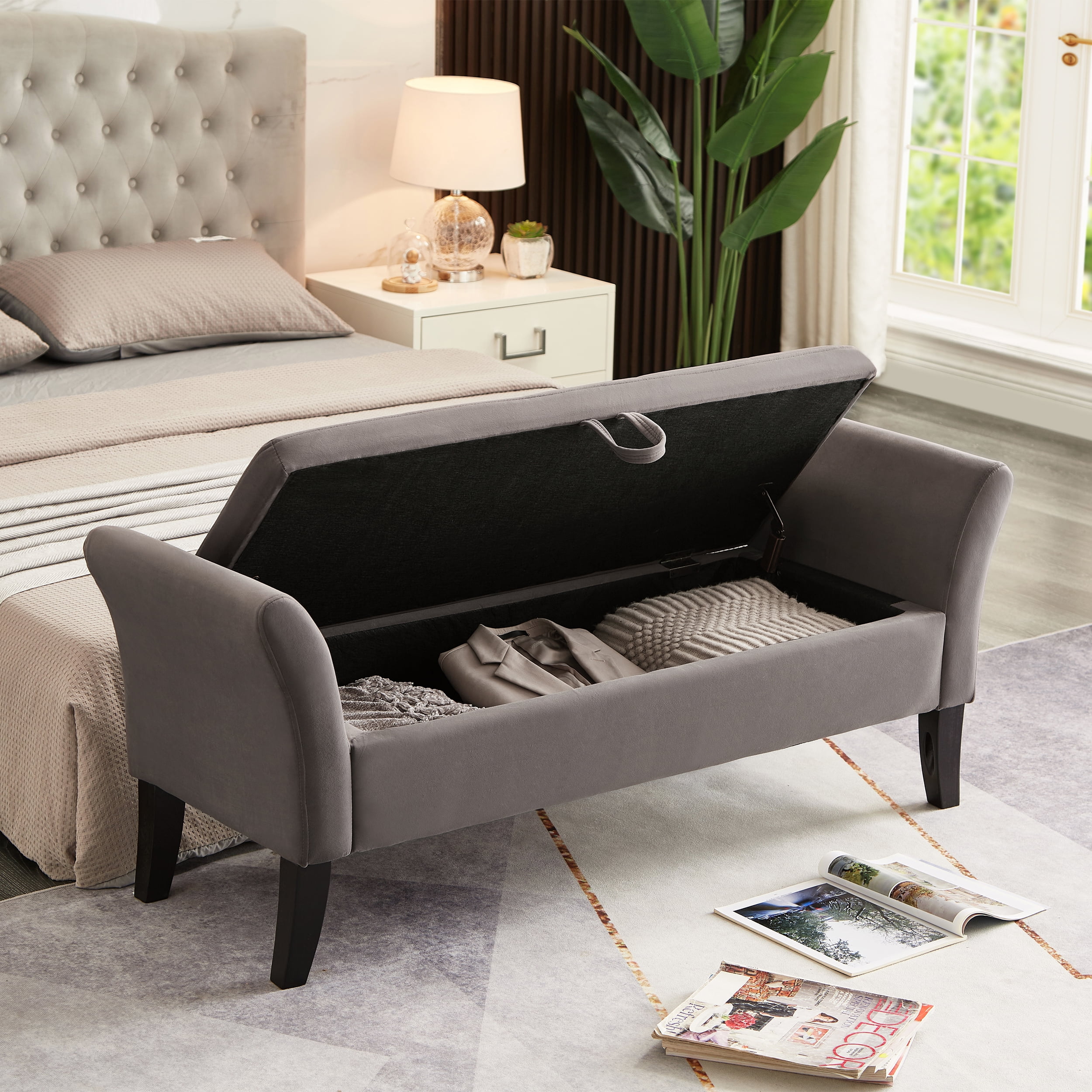 Aukfa End of Bed Bench with Curved Arms, 51.5" Velvet Tufted Upholstered Storage Ottoman Entryway Bench - Gray