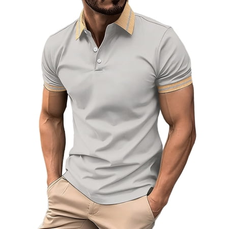 YUGYXL Mens Fashion Color Block Shirts Casual Short Sleeve T Shirt Striped Lightweight Comfy Golf Shirts Summer Tops Gray XL
