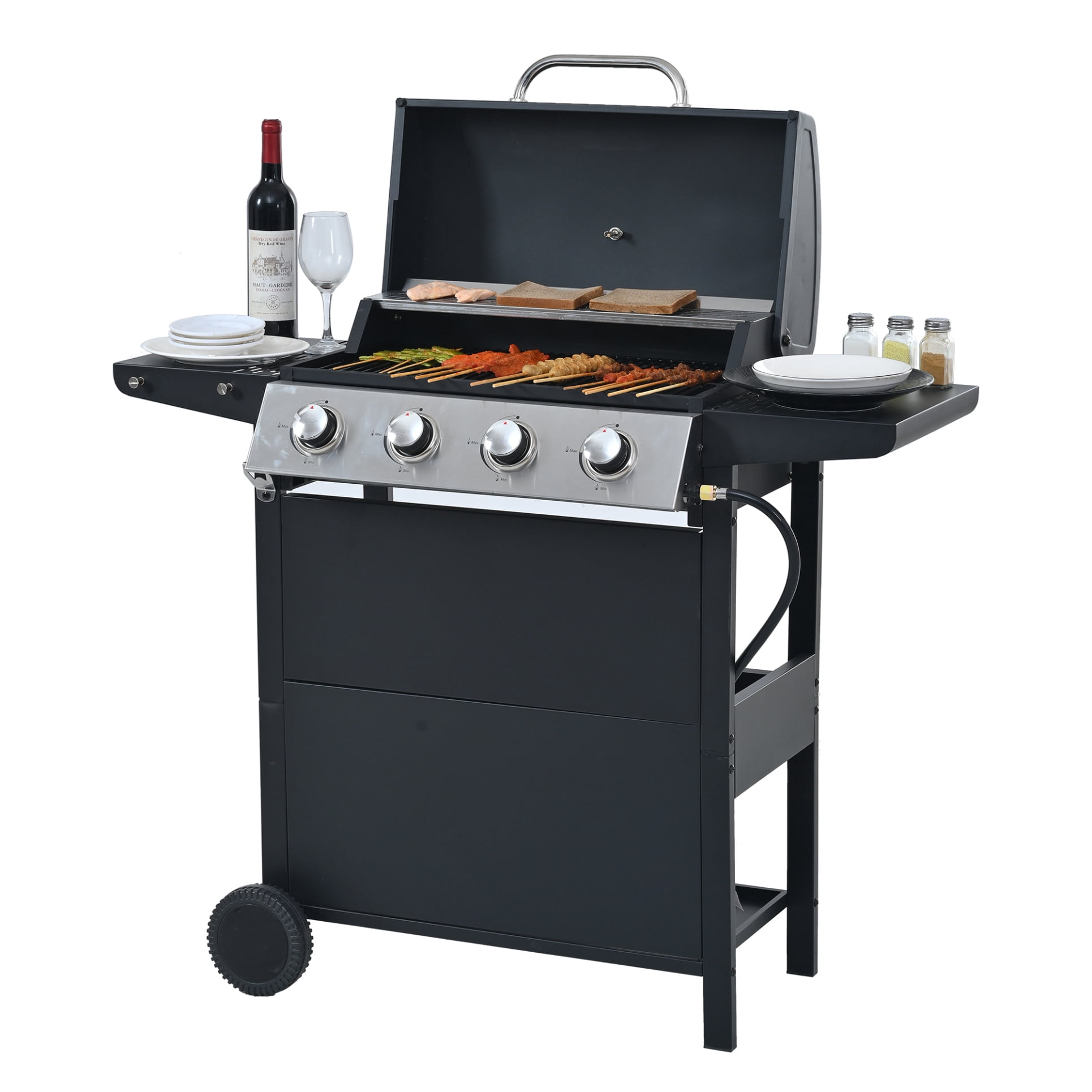 4-Burner Propane Gas Grill with 2 Side Shelves,  34,000 BTU Patio Garden Barbecue Grill with Lid, Wheels and Bottle Opener for Outdoor, Camping, Black