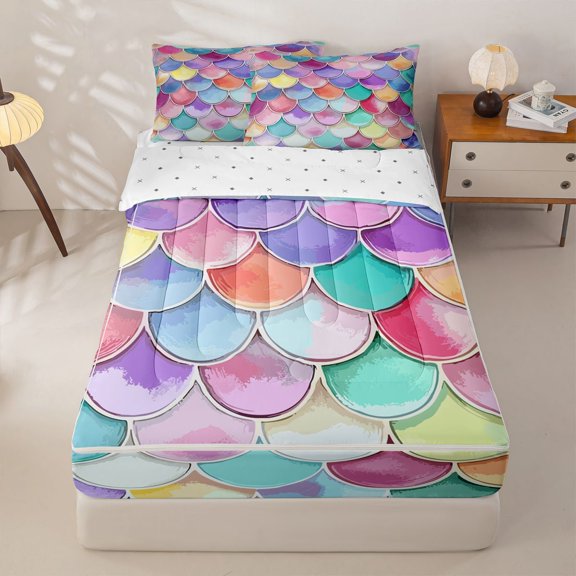 Homewish Watercolor Mermaid Scale Zipper Twin Comforter Sets with Fitted Sheet and 2 Pillowcases,Multicolor Zipper Bedding Set,Reversible,4pcs