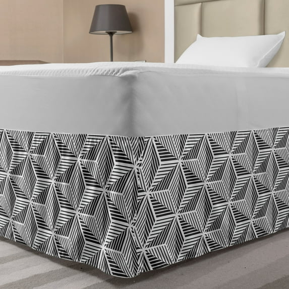 Abstract Bed Skirt, Geometric Composition of Triangles Formed with Stripes Monotone Artwork, Elastic Bedskirt Dust Ruffle Wrap Around for Bedding Decor, 4 Sizes, Dark Grey and White, by Ambesonne