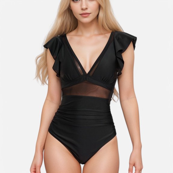 Swim Women's One Piece Swimsuit with Mesh Waist Detail and Flutter Shoulder Straps - Large, Black