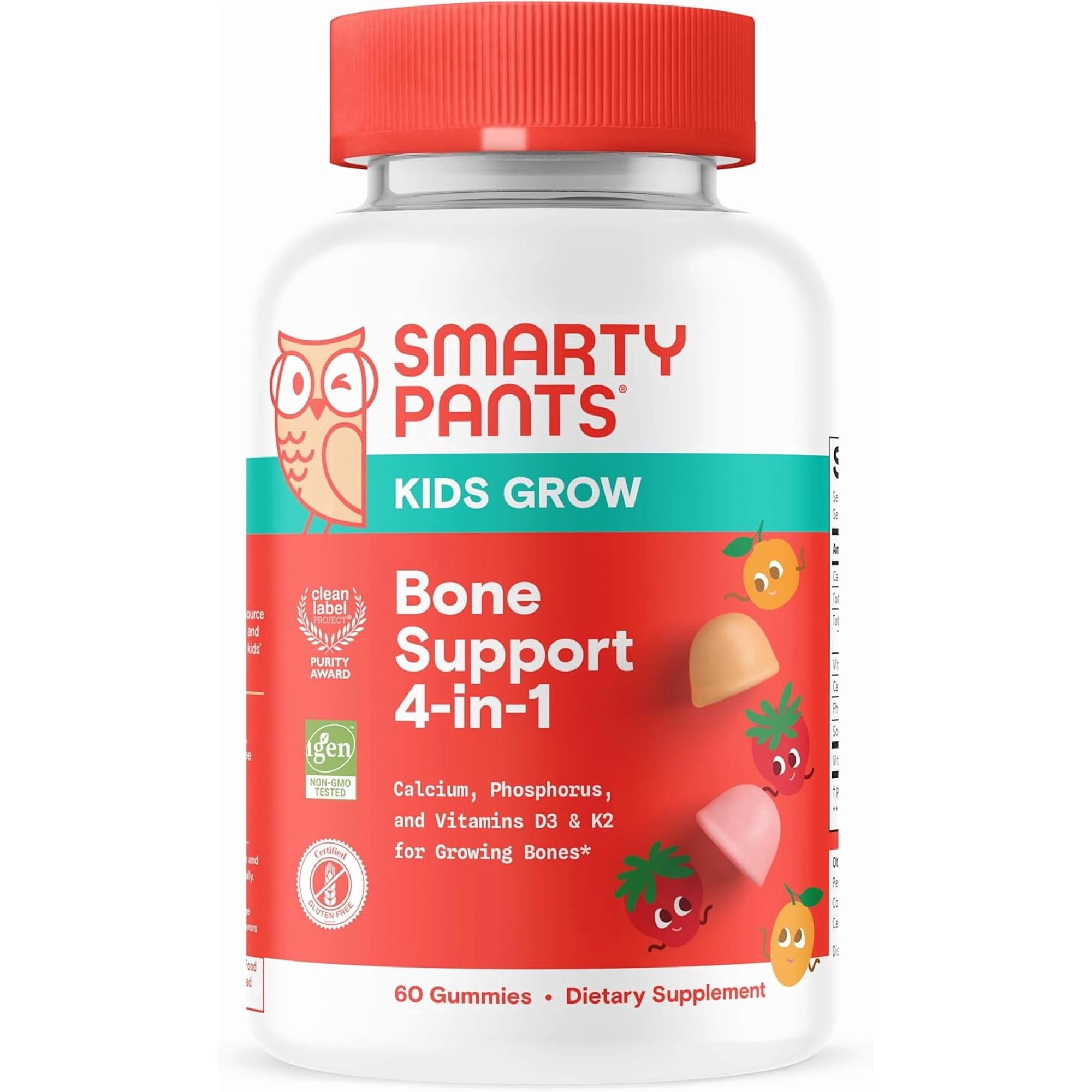 SmartyPants Kids Bone Support 4-in-1 Gummies with Calcium, Vitamin D3, K2 & Phosphorus for Growing Bones, Strawberry Mango, 60 Count