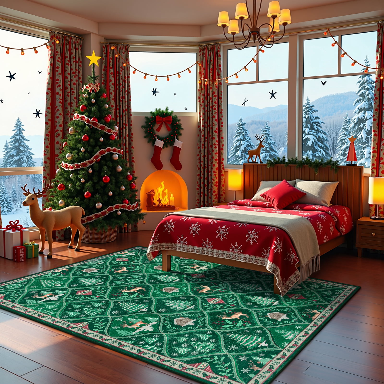 Moynesa 5'x7' Christmas Area Rug for Living Room,Green Rug Xmas Tree Modern Rug Kitchen Rug Washable Rug Non Slip Moroccan Carpet Holiday Decor Geometric Soft Accent Rug for Bedroom Dining Room