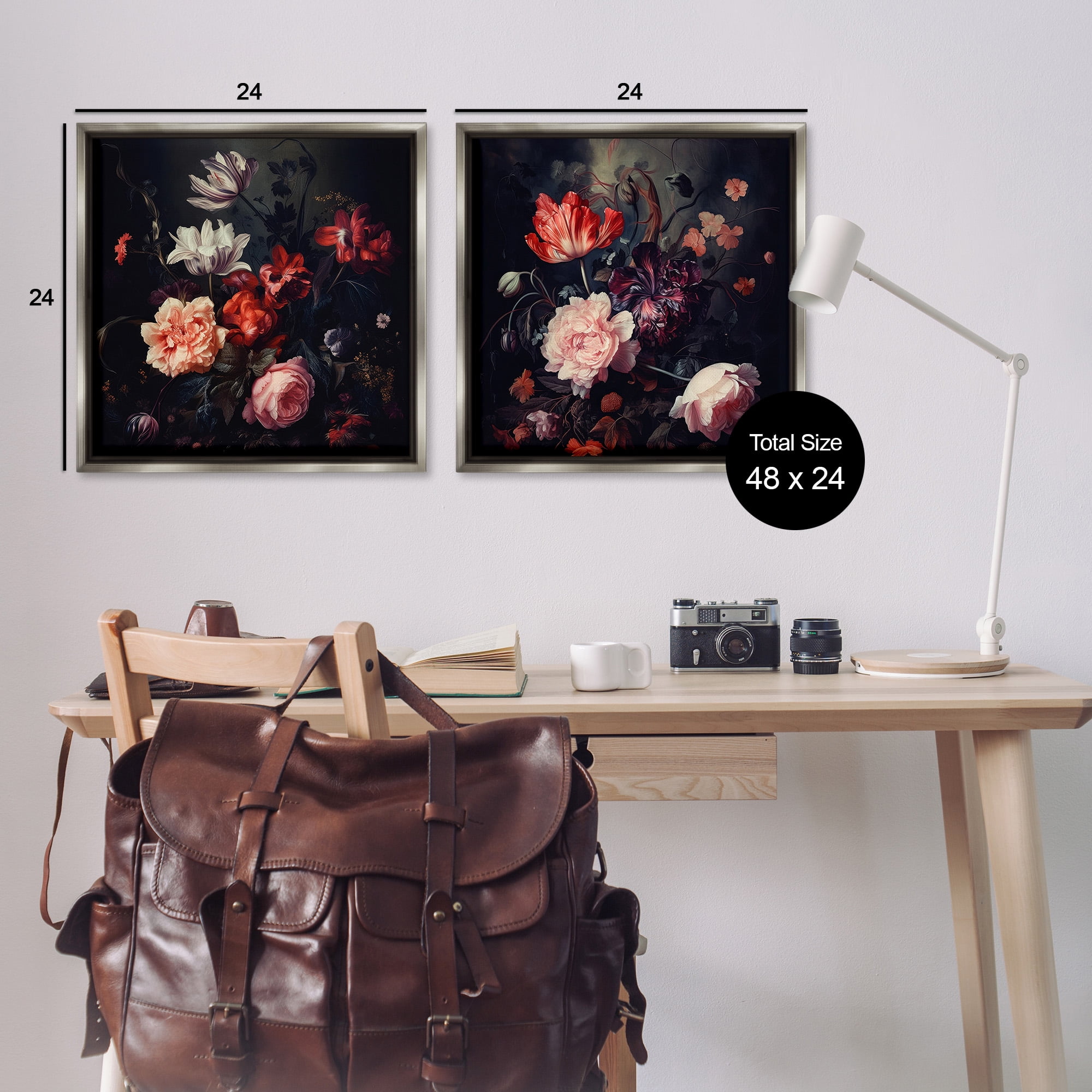 Stupell Industries Vintage Bouquet on Black Botanical & Floral Photography Gray Floater Framed Canvas Art Print Wall Art, 25 x 25, Set of 2