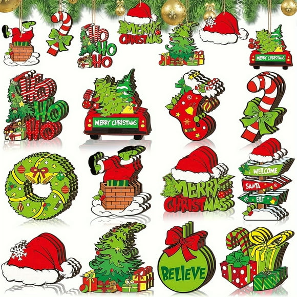 36-Piece Traditional Christmas Wooden Decorations Set, Lime Green & Red Festive Tree Ornaments, Holiday Wood Slice Labels, No-Power Needed Hanging Decor for Christmas Trees, Home & Kitchen Decor, Fami