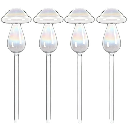 4 Pcs Mushroom Plant Watering Globes, Glass Self Watering Pots, Large Size with Iridescent Design, Automatic Planter Watering Globes for Indoor Plants, 2.7×9"