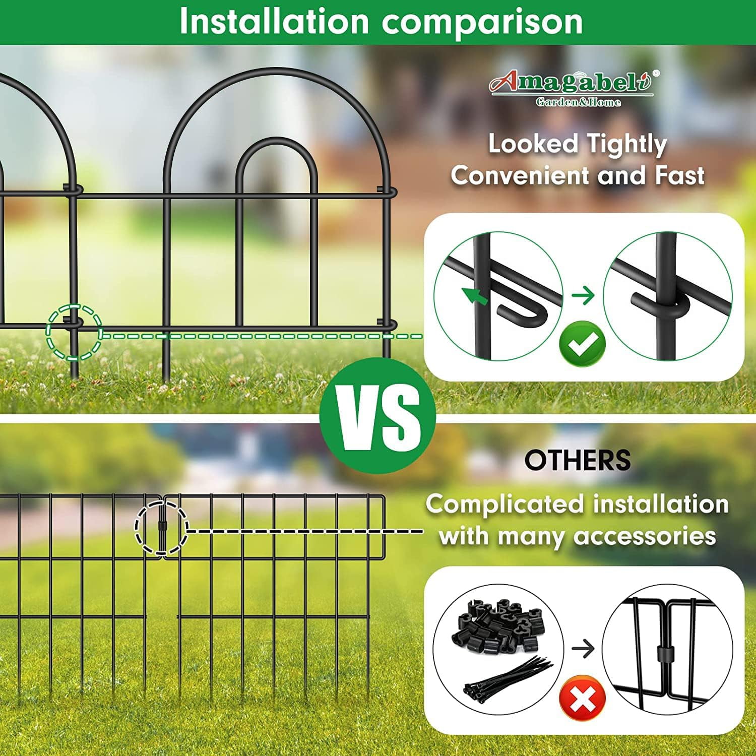 AMAGABELI 35 Panels 18in(H)×50ft(L) Decorative Garden Fence No Dig Rustproof Metal Pre-Linking Fence Panels Garden Edging Border Animal Barrier Fencing for Flower Beds Yard Patio Outdoor Decor Black