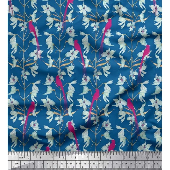 Soimoi Blue Cotton Duck Fabric Bird & Floral Printed Craft Fabric by The Yard 42 Inch Wide