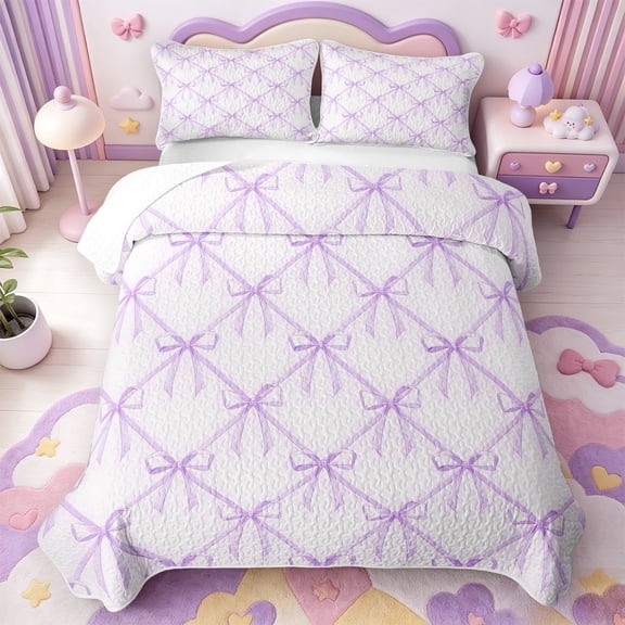 Manfei Cute Bow Quilt Full,Purple Dreamy Bowtie Full Bedspread Sets,3 Pieces,1 Coverlet and 2 Pillowcases