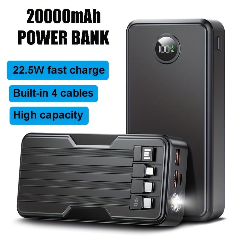 Travel Essential Portable 20000mAh Power Bank With 4 Built-in Cables,Travel Essential Portable Charger,22.5W Fast Charging Battery Charger,USB-C Input/Output, 6 Output 2 Input Cell Phone Battery Pack