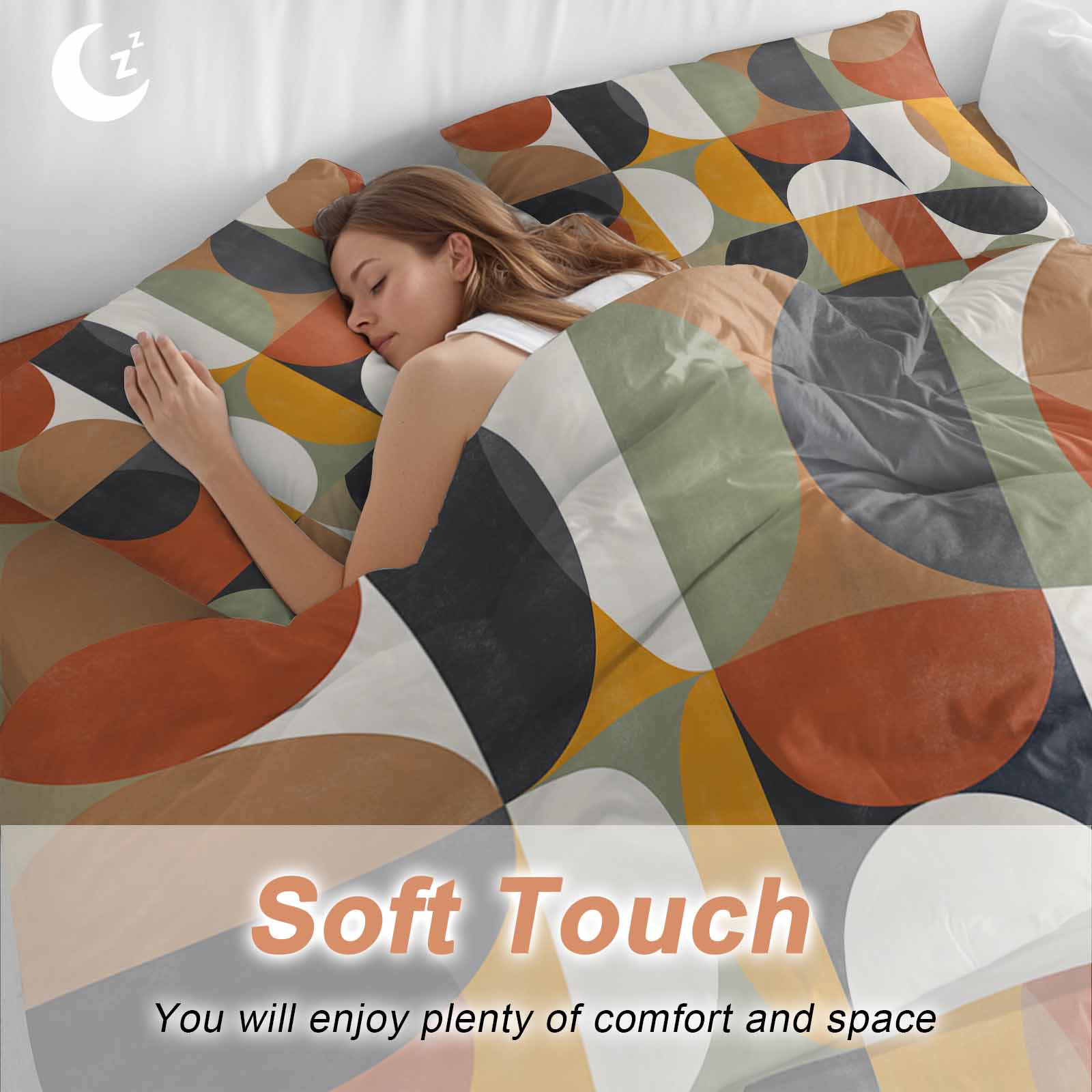 Mid-Century Modern Duvet Cover Set King Size, Abstract Geometric Semicircle Green 4 Piece Soft Microfiber Bedding Set with 1 Duvet Cover, 1 Flat Sheet, 2 Pillowcases