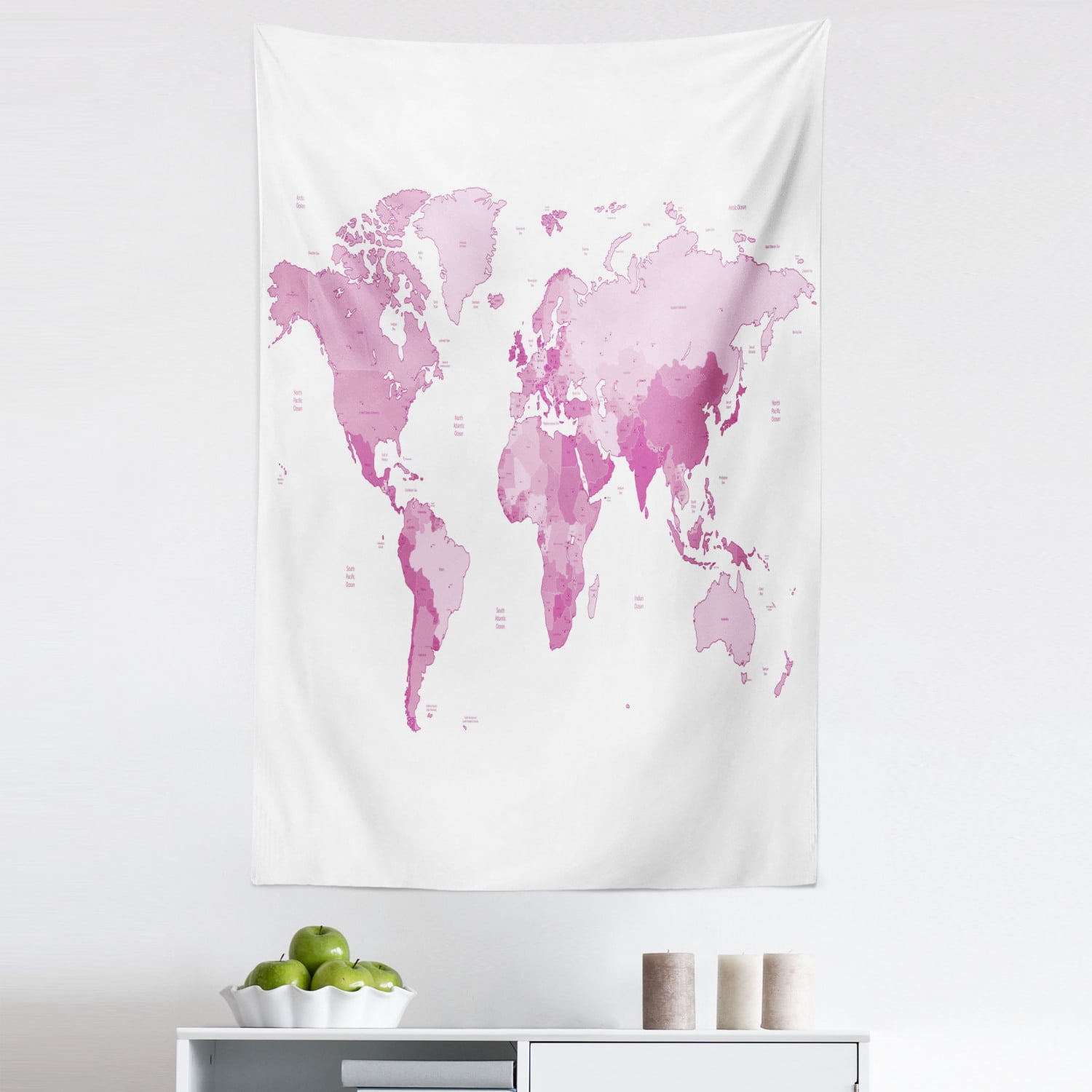 Pale Pink Tapestry, World Map Continents Island Land Pacific Atlas ...