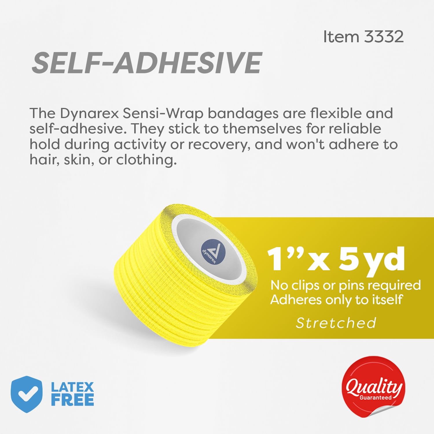 Dynarex Sensi-Wrap Self-Adhesive Bandages, 30-Pack, 1" x 5 yards, Yellow, Latex-Free, Colored Elastic Cohesive Athletic Tape, Tattoo Grip & Vet Wrap