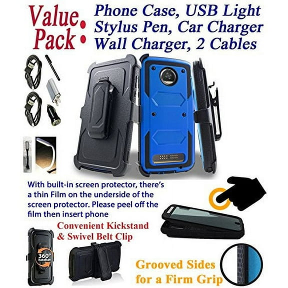 Value Pack for 5.5" Motorola moto Z2 Play Z2 Force z2play z2force case Phone Case 360° Cover Screen Protector Clip Holster Kick Stand Grip Sides Armor Blue