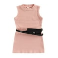 thumbnail image 1 of EIMELI Kids Girls Summer Dress Solid Color Crew Neck Sleeveless Ribbed One-Piece Dress with Waist Belt and Bag Casual Set, 1 of 6