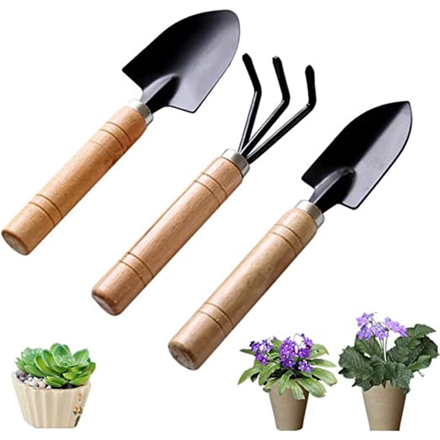 Jinsinto 3 Pcs Mini Garden Tools, Garden Tools, Gardening Tool Set, Wooden Garden Tool Set, Home Planting Kit, for Weeding, Soil Loosening, Transplanting, Planting