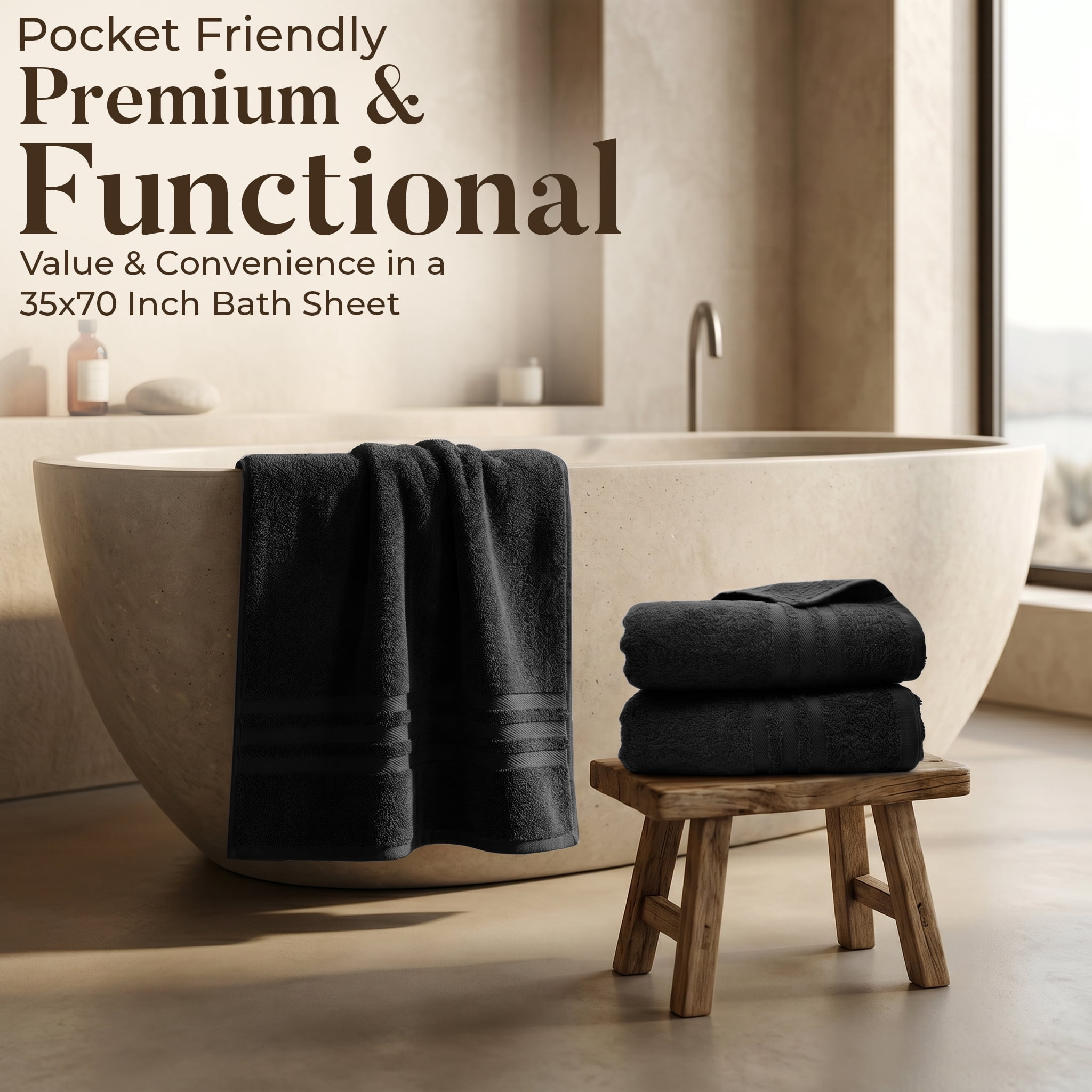 Dan River Bath Sheet 2 pack 35x70 in Quick Drying Oversized Soft Absorbent Cotton Towel - Black