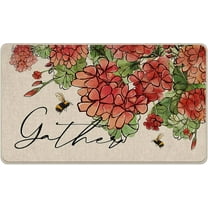 Spring Summer Floral Flower Decorative Front Door Mat, Red Geranium Doormat Indoor Outdoor Non-Slip Floor Entryway Rug, Gather Bee Seasonal Home Kitchen Decoration 17x30 Inch