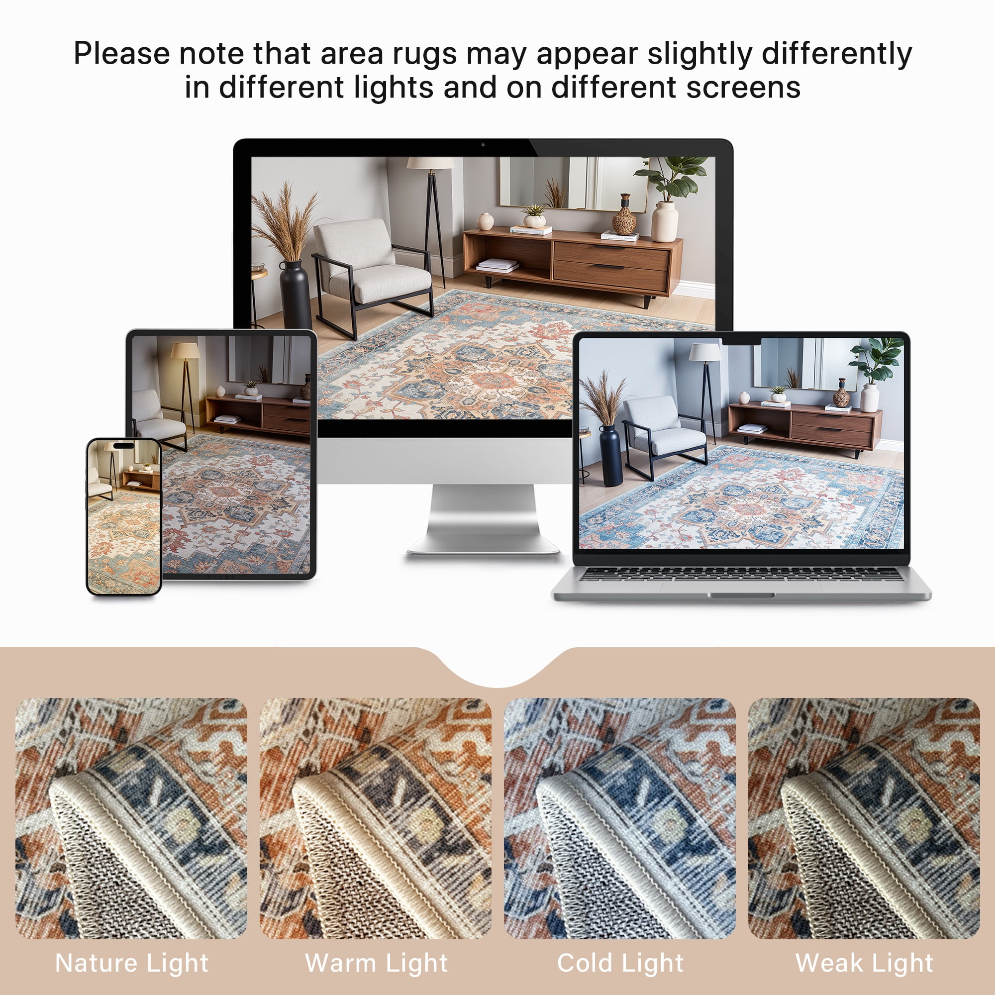 KUETH 5X7 Area Rugs for Living Room, Non Slip Machine Washable Retro Rugs, Ultra-thin Print Rug for Bedroom, Dining Room, Home Office.