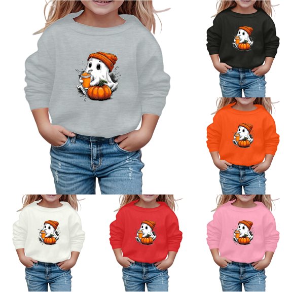 Zylarhe Halloween Sweatshirts for Kids Girls Halloween Sweatshirt Cute Print Long Sleeve Crewneck Pullover Casual Kids Grey 7-8 Years