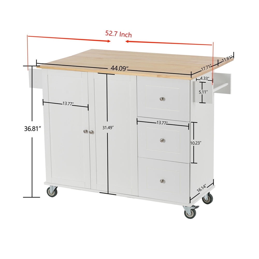 Kitchen Island Cart with Drop-Leaf Tabletop and Locking Wheels, 52.7" Large Kitchen Trolley Cart with 2 Door Cabinet and 3 Storage Drawers, Spice Rack Towel Rack, Rolling Kitchen Island Cart, White