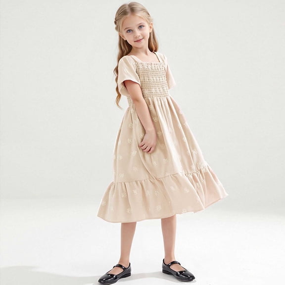 HOMADLES Summer Dress for Girls A-Line Sleeveless Tank Dresses Tiered Layed Dress Girls Ruffle Dress, Beige L