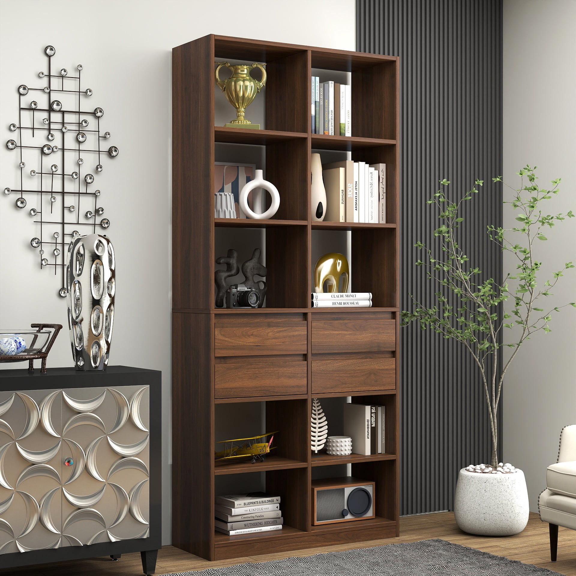 Mintazer Tall Bookcase with 10 Open Cubbies, Freestanding Bookshelf with 4 Storage Drawers, Multi‑Purpose Display Cabinet for Living Room Bedroom Home Office, Walnut Brown