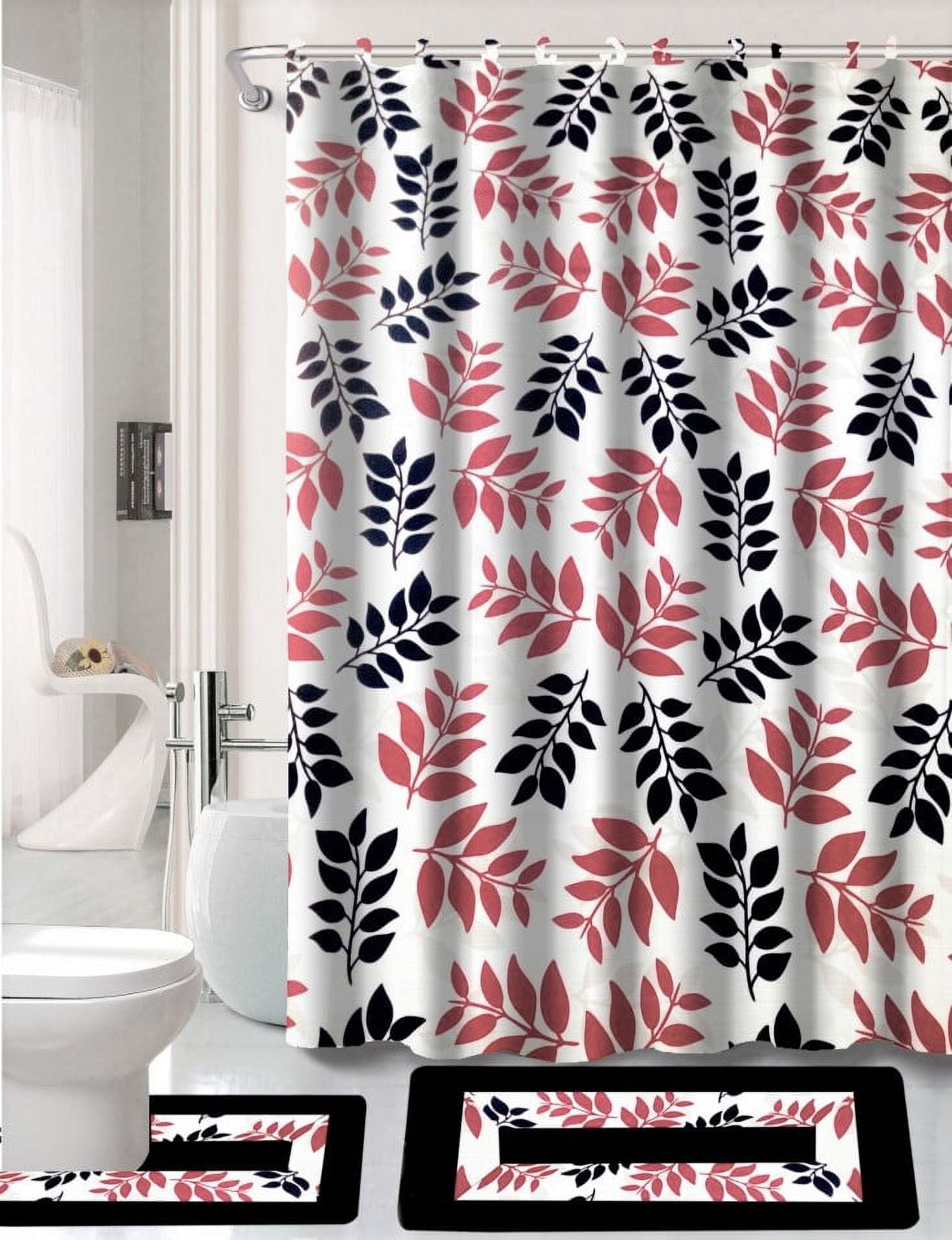 Luxury Bathroom accessories set package includes: 2 rugs mat non slip, 1 shower curtain with 12 hooks and 4 piece ceramic accesories print design kadir black