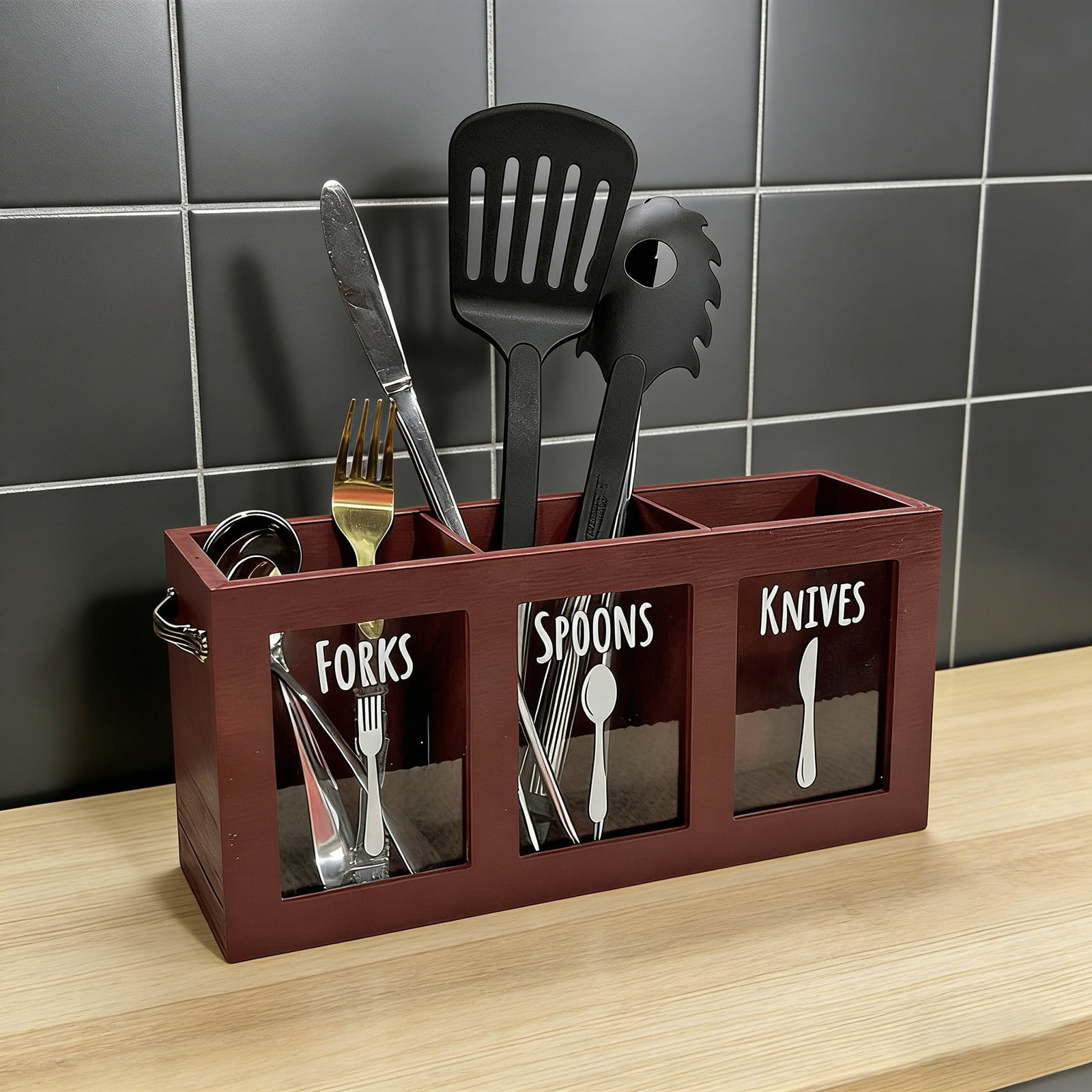Kitchen Utensil Holder Spoons Knives Forks Organizer Decoration Wooden Utensil Crock Flatware Holder for Party Countertop