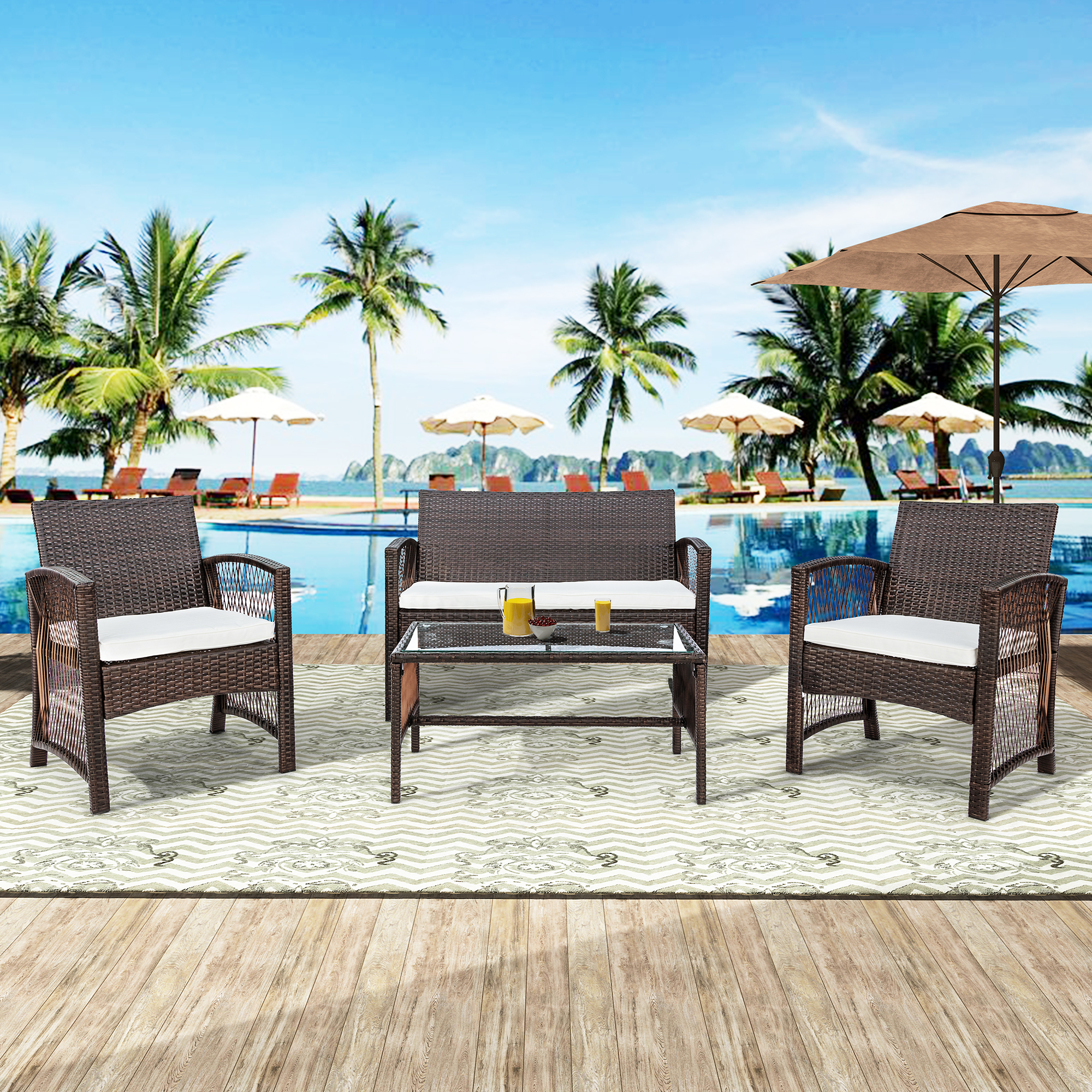 4 Pieces Outdoor Patio Furniture Sets, PE Rattan Chair Wicker Set with Two Single Sofa, One Loveseat, Tempered Glass Table, Backyard Porch Garden Poolside Balcony Furniture Sets, Q8591 - image 2 of 13