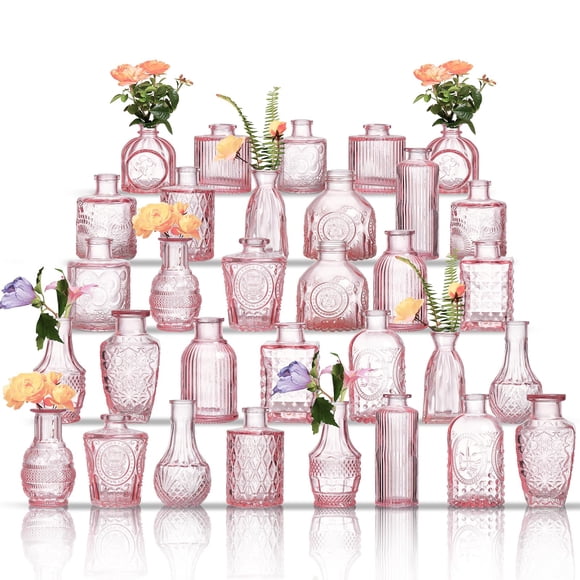 Juego de jarrones Glass Bud ODBCYWM de cristal rosa vintage, 32 unidades