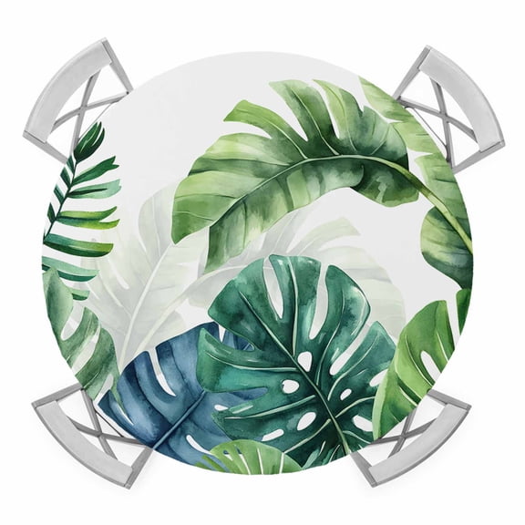 Tropical Leaves Round Tablecloth for 55-60 Inch Tables,Fitted Table Cover with Elastic Edge,Pastoral Summer Botanical Green Plants Waterproof Outdoor Table Cloth Protector for Patio Garden Dinner