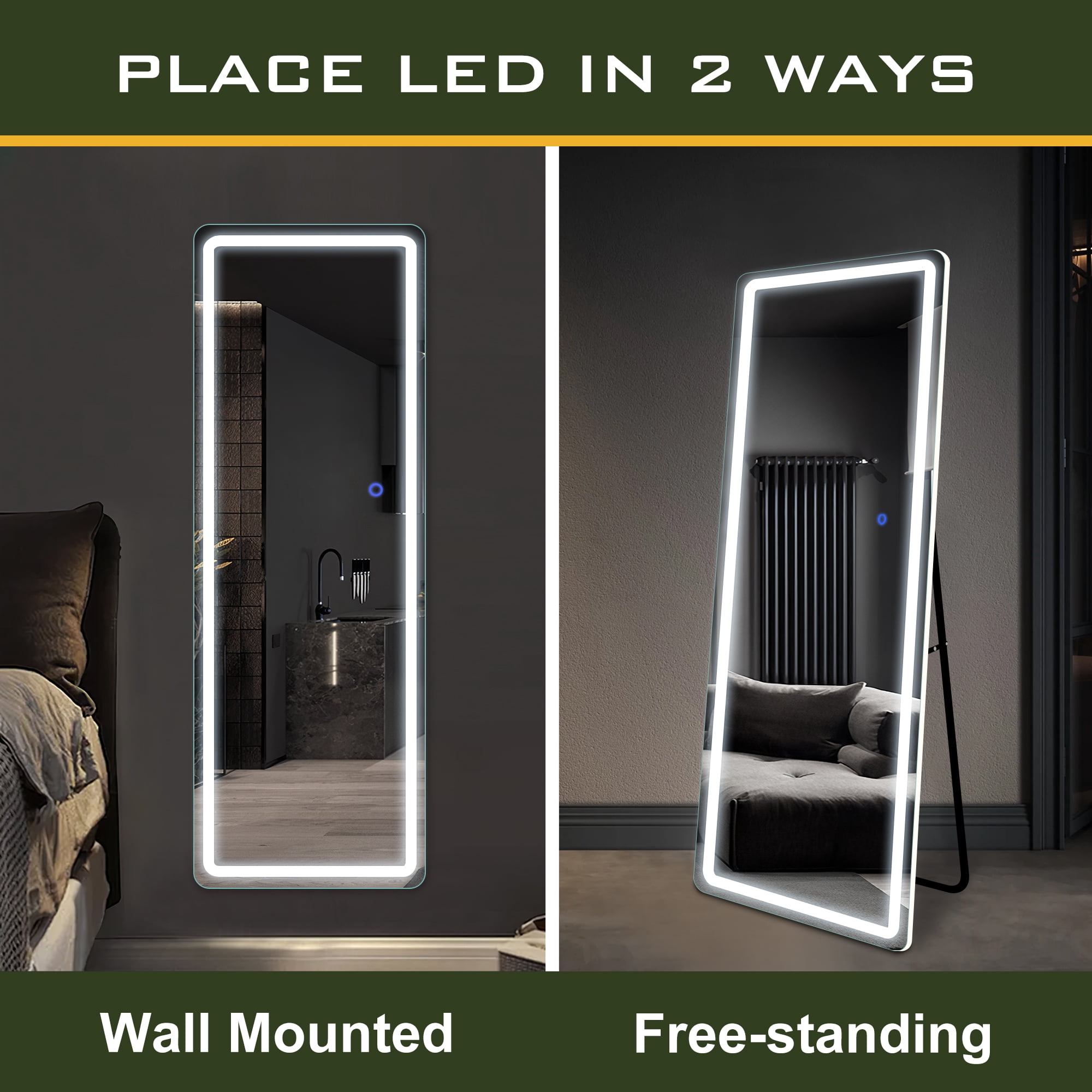 63"x16" Modern LED Floor Mirror Aluminum Alloy Frame Full Length Mirror with Bracket,White
