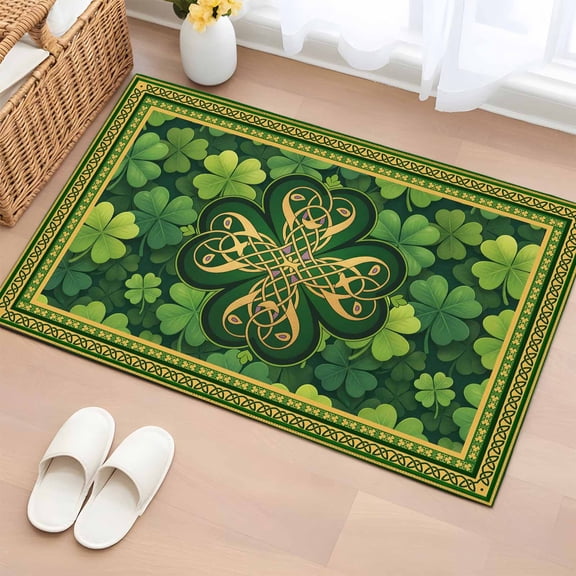 St Patricks Day Entryway Rug 2'x3' Non Slip Front Door Mats, Gold Green Shamrock Checkered Lucky Leaf Entrance Rugs Indoor Outdoor Carpet, Washable Floor Mats Small Area Rug for Bedroom Kitchen