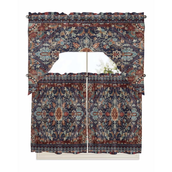 Retro Boho Kitchen Curtains Swag Valance and Tier Curtains Set 36 Inch Length, Rustic Flowers Modern Geometric Abstract Art Rod Pocket Drape Panels Pair Swag Curtains for Bathroom/Cafe/Window