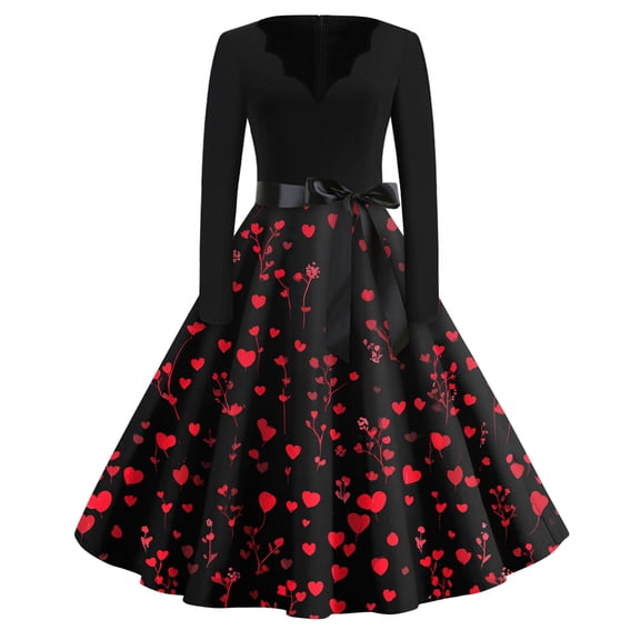 Fgvctg Valentine'S Day Womens Plus Size Cocktail Dress Prom Cocktail 50'S Dress Love Heart Print V Neck Dress Vintage Elegant Long Sleeve Clothing Soft Outfits Vermilion 2XL