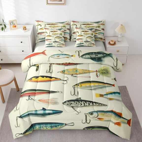 jejeloiu Pike Fish Twin Bedding Sets 7-Piece,Fishing Hook Bedding Comforter Set,Animals Marine Life Sheet Sets For Teens,Microfiber Bedroom Decor Reversible
