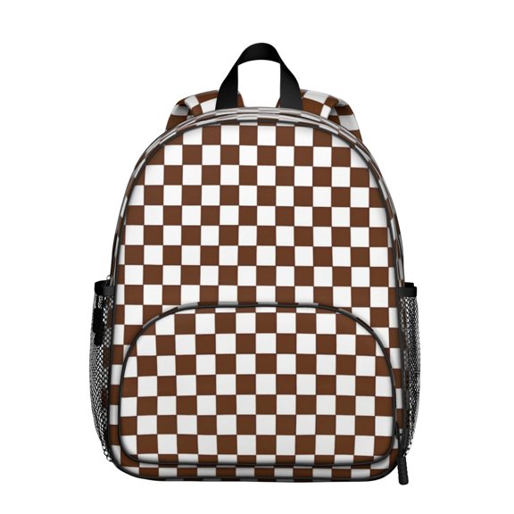 Brown and White Checkered Pattern Backpack for School, Cute School Bag with Adjustable Shoulder Straps and Padded Back, 13.8"x11.4"x6"