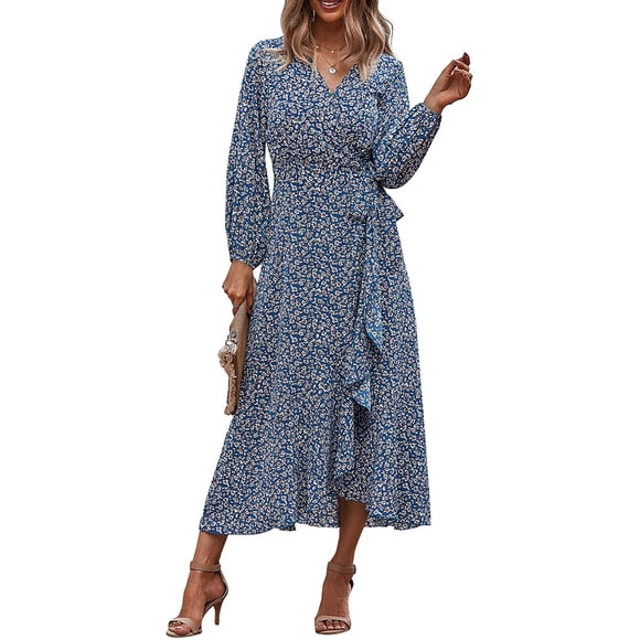 Women's Long Sleeve Vintage Wrap Dress Floral Print V-Neck Maxi Dresses with Belt