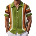 thumbnail image 4 of YLSDY Men's Striped Crochet Short Sleeve Sweater Button Down Shirts Summer Casual Color Block Hollow Out Collared Knit Tops Green L, 4 of 9