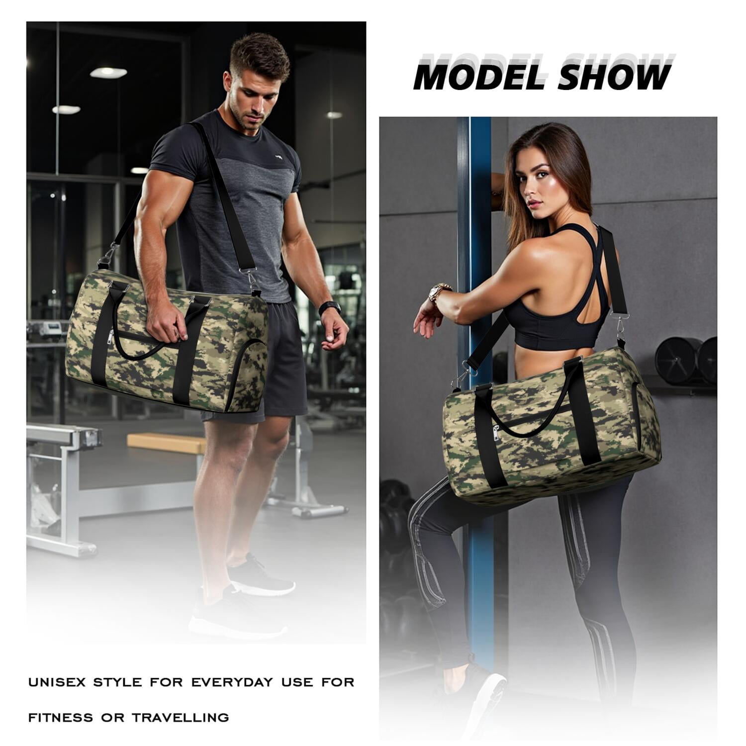 Green Camo Mens Gym Tote Duffle Bag with Wet Pocket & Shoe Compartment, Travel Duffel Bag Overnight Weekender Hospital Tote Girls Workout Carry on Bag with Luggage Sleeve