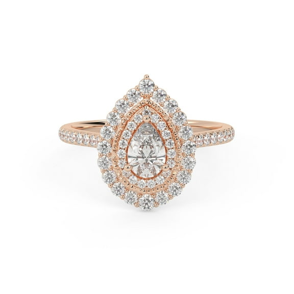 Double Halo Teardrop Engagement Rings for Women, IGI Certified 0.88 Cttw Pear And Round Cut Lab Grown Diamond Ring In 14K Solid Rose Gold F-G, VS-SI Quality Ring Size-6.5