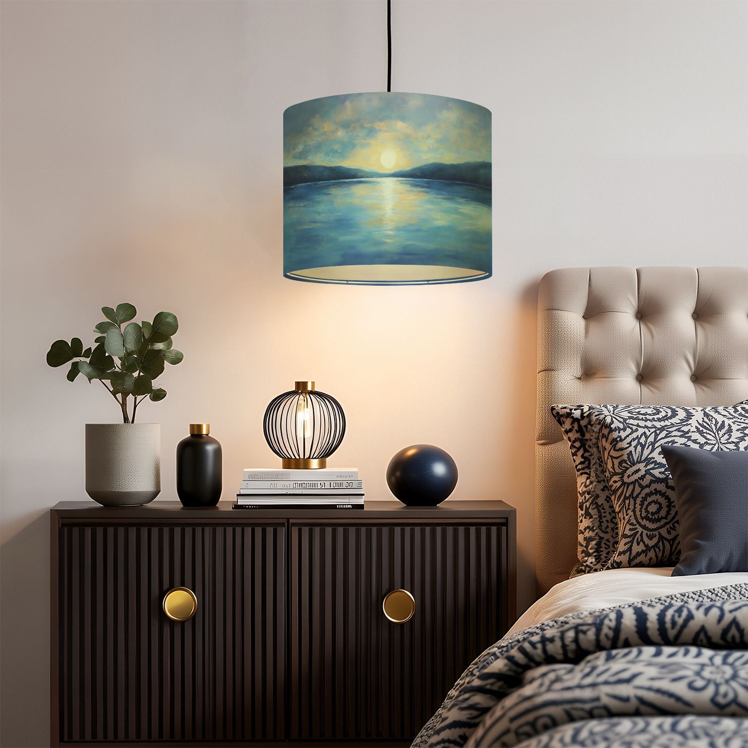 Linen Drum Lampshades Abstract Modern Blue Ocean Coastal Sunset Sunrise Sea Lake Water 13"x13"x10" Light Shade for Table Lamps Drum Lamp Shades Lampshade Replacement Assembly Required